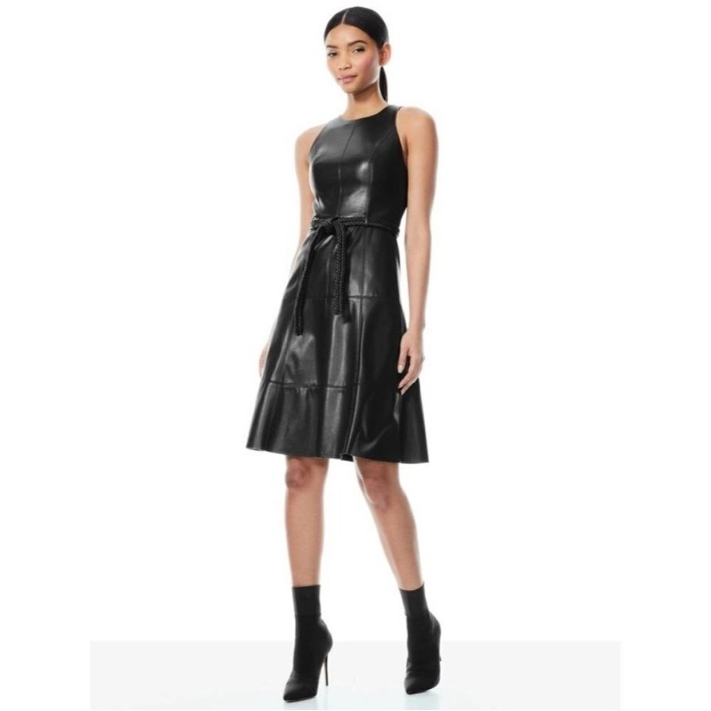 Alice + Olivia Leandra Dress: Vegan Leather Midi with Belt in Black Size 6
